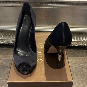 Gucci Black Satin Peep-Toe Heels